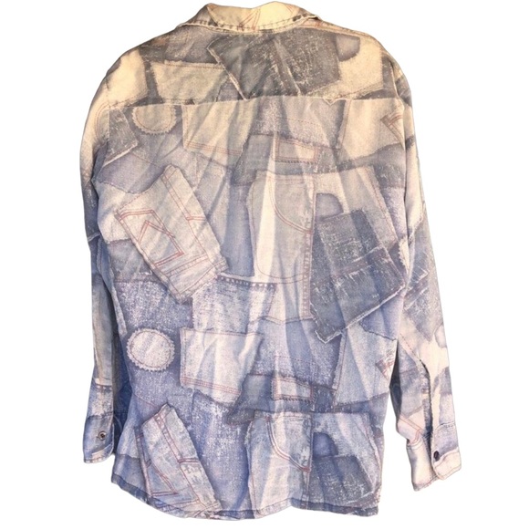 🔮 1970 VINTAGE | DENIM PATCHWORK PRINT SHIRT | UNISEX | LARGE | UNIQUE! $160! - Picture 2 of 7
